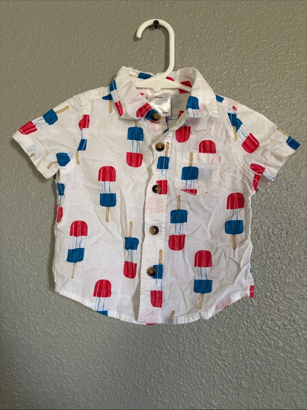 White Short-Sleeve Button-Front Popsicle Shirt with Red & Blue Print